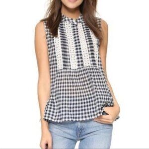 SEA‎ NY Gingham Check and Eyelet Lace Sleeveless Blouse, Navy and White, Size 2